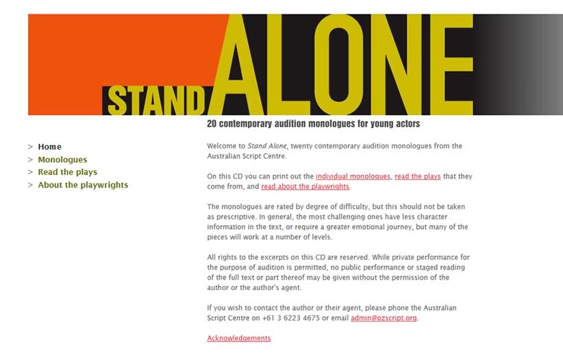 Australian Script Centre – Stand Alone – 20 contemporary audition monologues for young actors